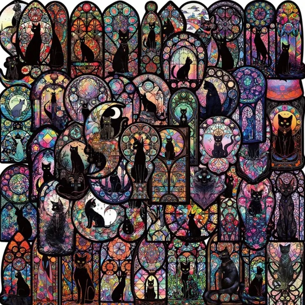 50 Gothic Black Cats Stickers in Stain Glass Windows